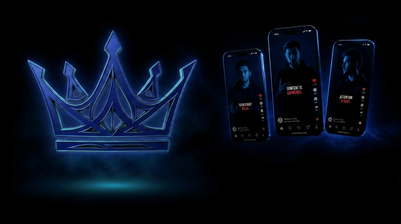 Mastery Media crown logo beside three Pro iPhone Max screens showing short-form vertical content
